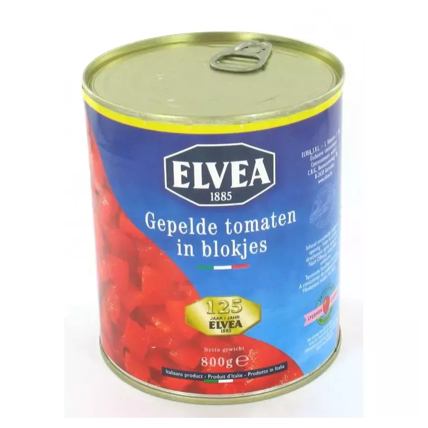 Tomates pelees en cubes 800g Elvea