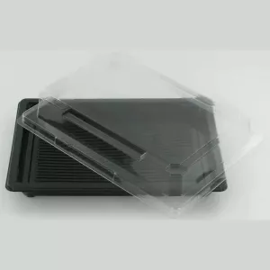 PET plat 185x129mm avec couvercle noir et transparent sushi