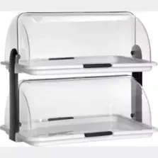 Comptoir de presentation plexi transparent deux plateaux et capot roulant