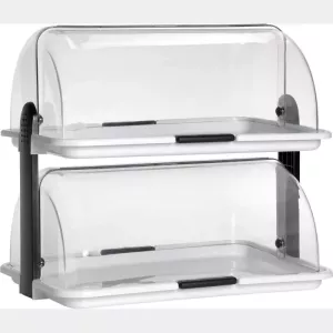 Comptoir de presentation plexi transparent deux plateaux et capot roulant