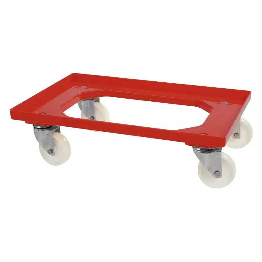 Chariot cadre pour bac 40x60cm rouge 4 roues pivotantes et fourche inox
