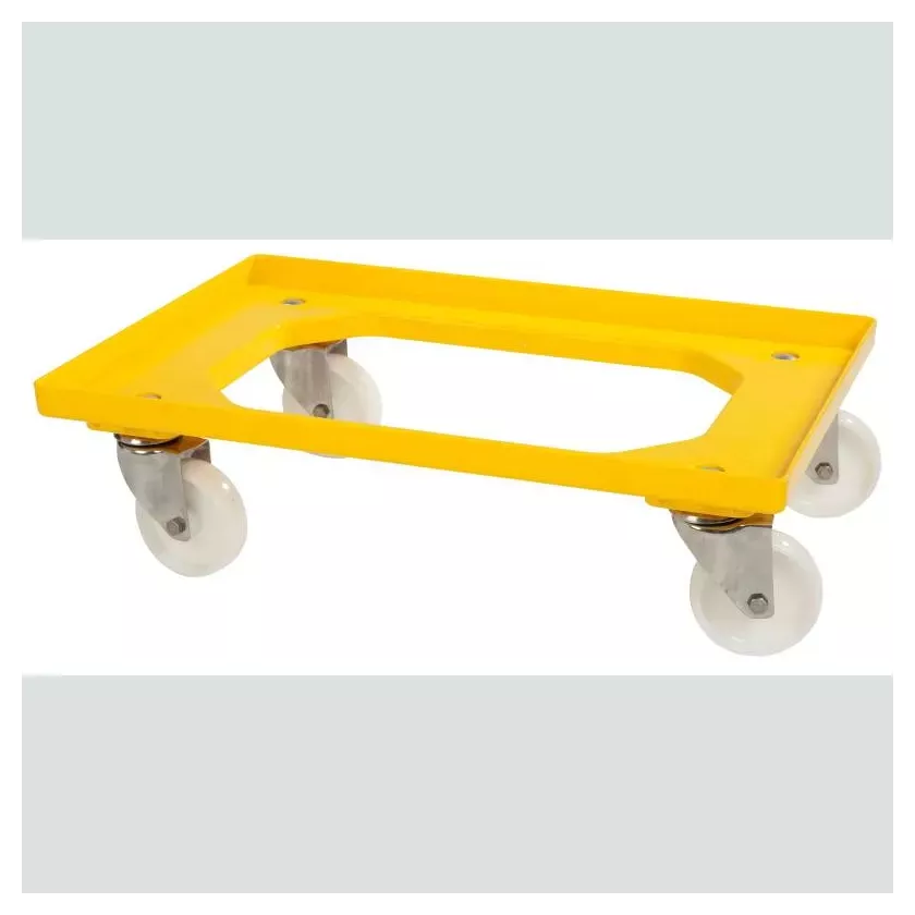 Chariot cadre pour bac 40x60cm jaune 4 roues pivotantes et fourche inox