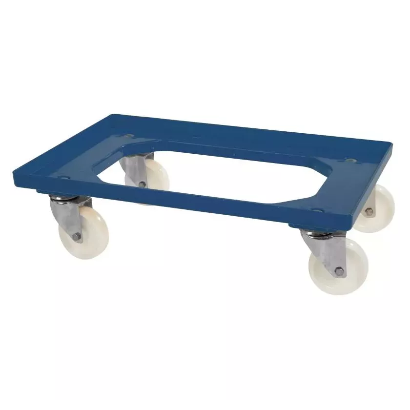 Chariot cadre pour bac 40x60cm bleu 4 roues pivotantes et fourche inox