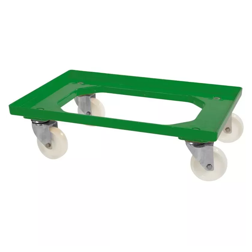 Chariot cadre pour bac 40x60cm vert 4 roues pivotantes et fourche inox