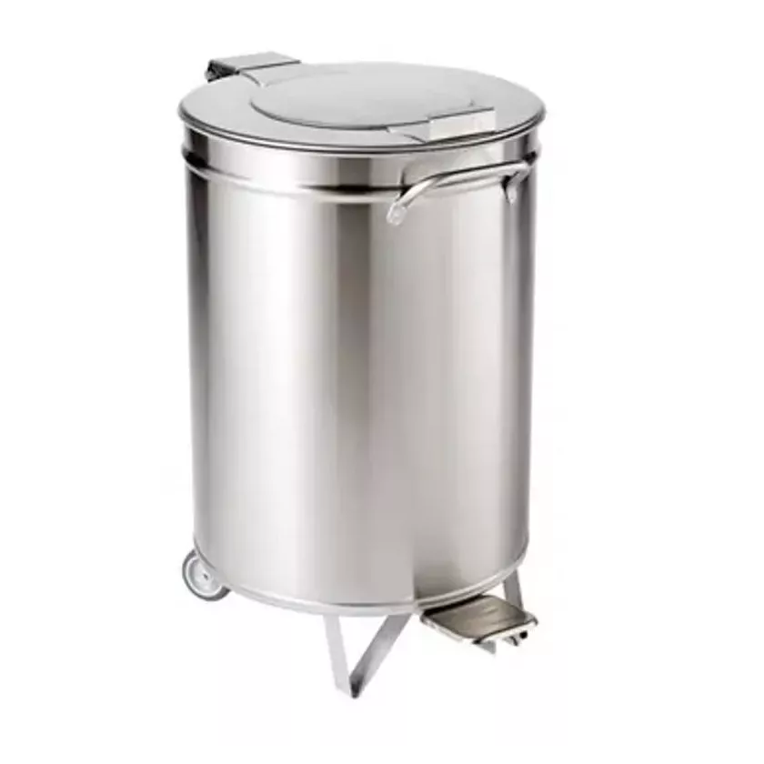 Poubelle pedale 90L inox diametre 450xh685mm sur rouleaux