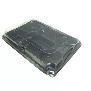 Plateau PET 24,5 × 35cm avec couvercle clip 7 compartiments noir/transp (par 25)